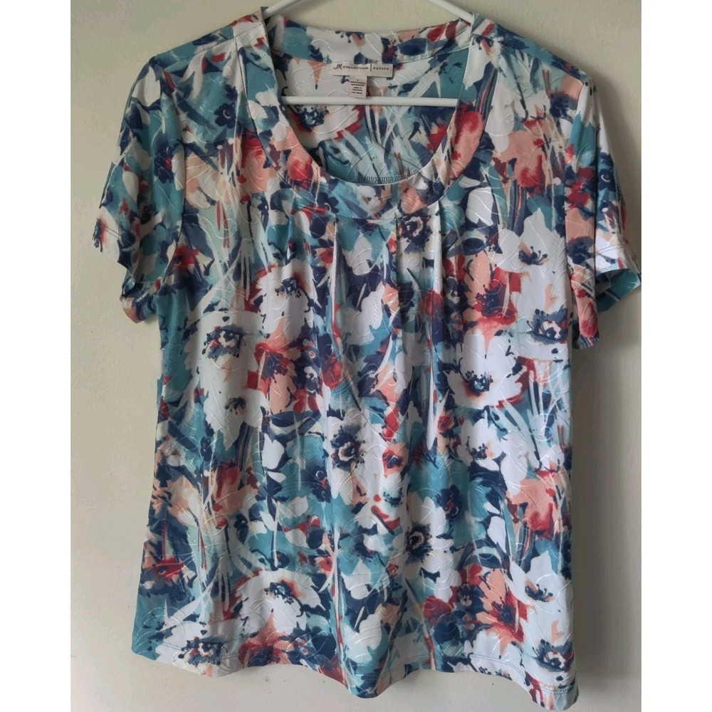 JM Collection Petite Womens Short Sleeve Floral Print Blue/Coral/White Size L